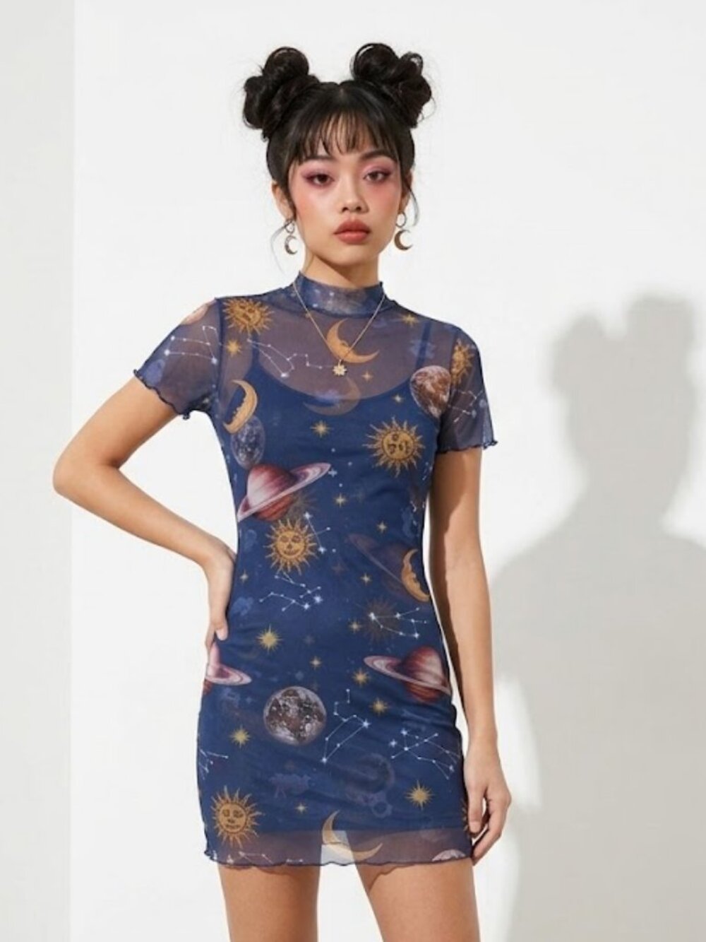 Source Unknown Navy Celestial Mesh Mini Dress with Gold & Tan Accents